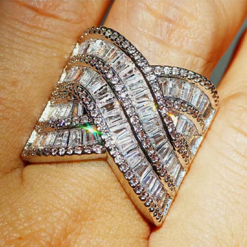 8.2 White Sapphire Round & Baguette Silver Cut Ring